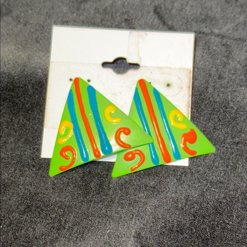 1980s vintage triangle green orange blue yellow pierced earrings